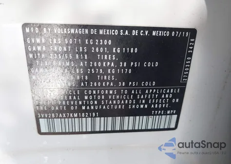 2019 Volkswagen Tiguan 2.0T Se/2.0T Sel/2.0T Sel R-Line/2.0T Sel R-Line Black from USA, damaged, VIN 3VV2B7AX7KM182191